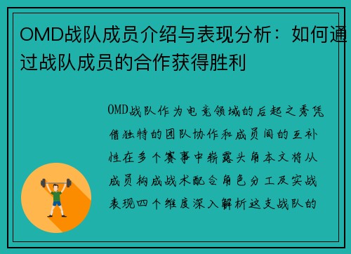 OMD战队成员介绍与表现分析：如何通过战队成员的合作获得胜利